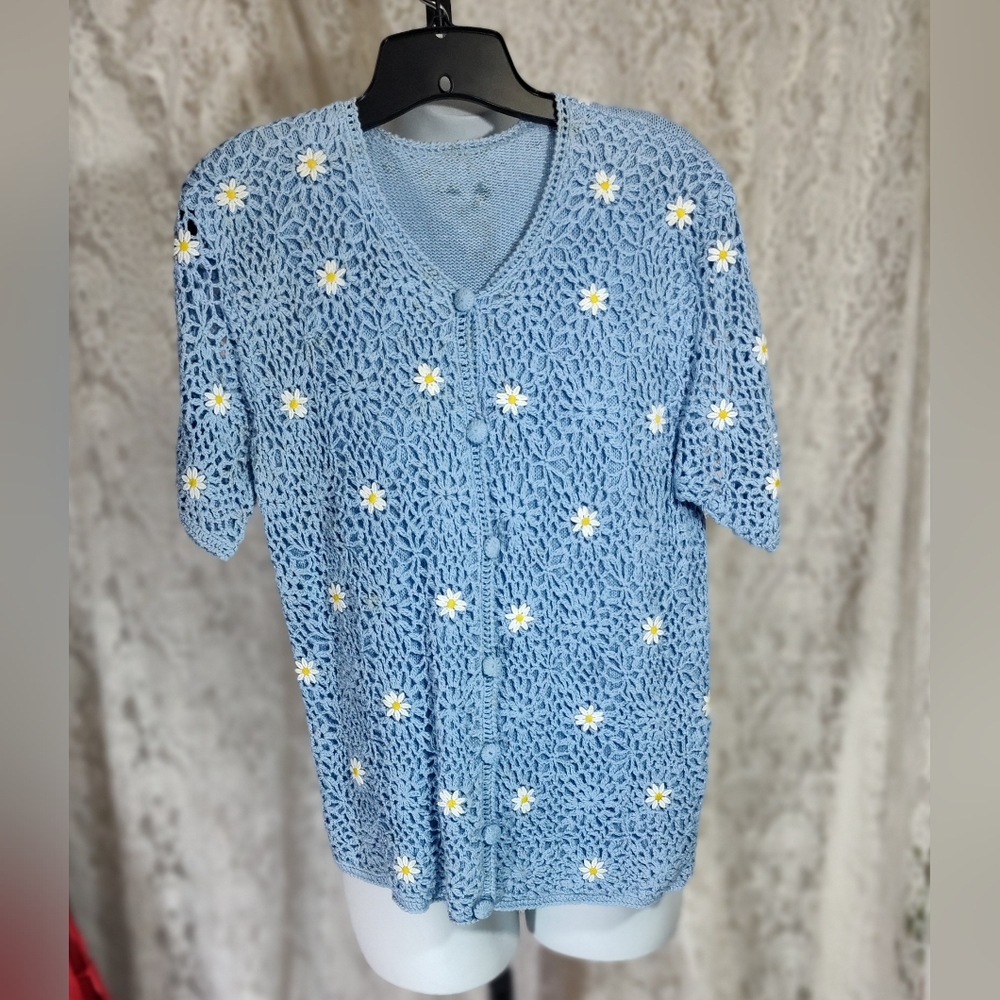 Blue Crochet Cardigan with Daisy Accents Nwot